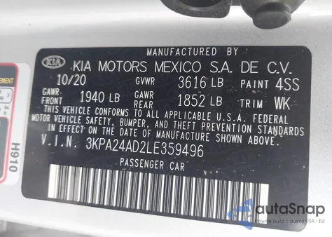 2020 Kia Rio Lx из США, поврежденный, VIN 3KPA24AD2LE359496